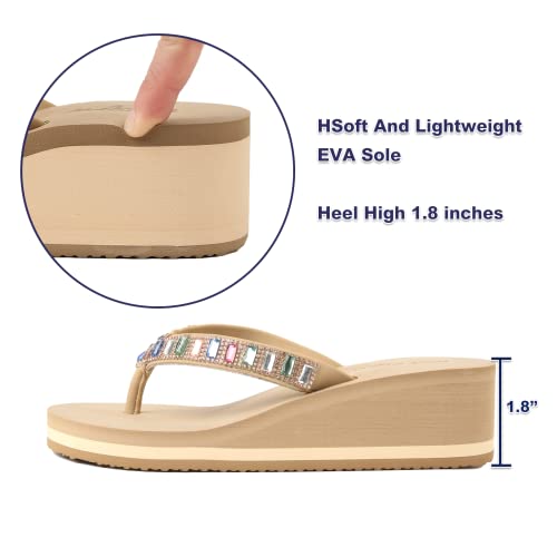 VICT POPU Flip Flops Sandals for Women Bling Rhinestones Jewel High Heel Arch Support Comfortable Soft Cushion Wedge Slip-on Casual Platform Summer Thong Sandals3