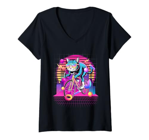 Mujer Ciclista Synthwave Cat Cyclist de los 80, Retro, Modelo Vaporwave Camiseta Cuello V