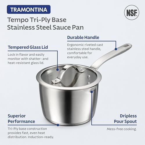 Image of Tramontina Tempo Tri-Ply Base Stainless Steel 2-Quart Small Sauce Pan with Glass Lid, Induction-Ready Saucepan, Oven-Safe, Dishwasher-Safe