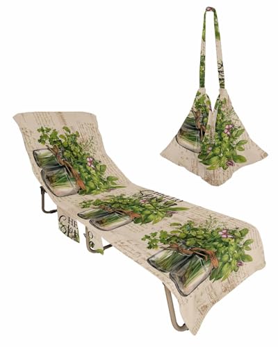 Hello Spring Beach Lounge Chair Towel Cover, Soft Chaise Lounge Towel with Side Pockets Patio Pool Chairs Cover for Beach/Pool Sunbathing 29x85 Pastoral Green Botanical Rustic