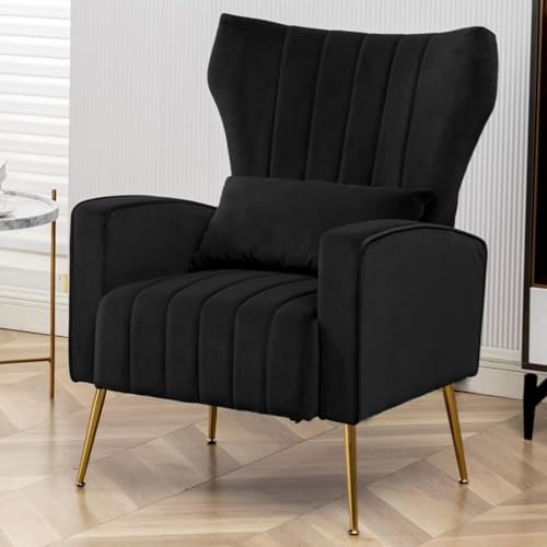 YUUIJOAA Accent Chair,Wingback Armchair for Living Room, HighBack Reading Chair with Golden Metal Legs Lumbar Pillow,Upholstered Single Sofa for Bedroom, Apartment, Small Spaces Velvet Black