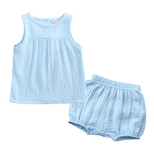 Kids Tales 2Pcs Baby Cotton Linen Outfits Set Toddler Boys Girls Sleeveless Tank Tops Shorts Clothes Solid Vest + Bloomers