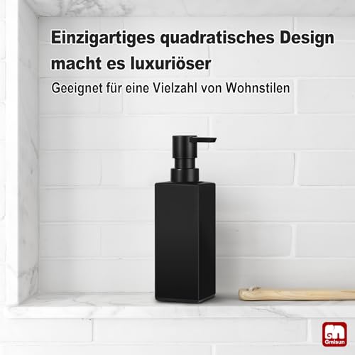 GMISUN Seifenspender schwarz, 350ml Spülmittelspender für Küche, Glas Handseifenspender für Badezimmer, Stivoll Flüssigseifenspender schwarz matt mit Kunststoffpumpe, Pumpspender, Soap Dispenser