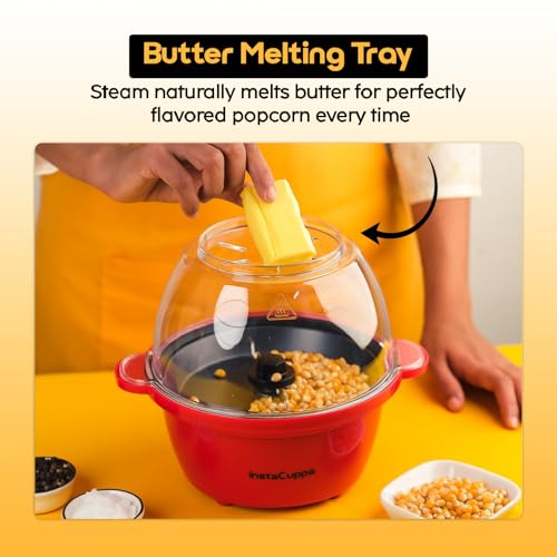 Image of InstaCuppa Electric Popcorn Maker | Automatic One-Button Non-Stick Popper | Large Transparent Lid as Serving Bowl | Butter & Seasoning Tray | Cool-Touch Base | Quick Healthy Snack Solution for Moms