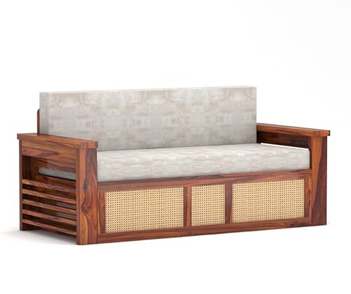 Image of Solid Sheesham Wood Sofa Cum Bed with Cane Rattan Design | Convertible Sofa Bed for Living Room & Bedroom (Honey Finish)