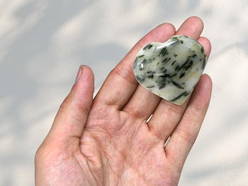 Image of Crystal Heaven Certified Green Tourmaline In Quartz Heart Palm Pebbles Stones Anxiety Stress Relief Massage - Aaa Grade Original Healing Gemstone Agate Heart Palm Stone Yoga Meditation Spiritual