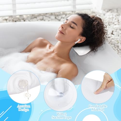 EORTA Inflatable Bathtub Pillow Anti-Slip Aerated Bath Pillow with Suction Cup Spa Bath Cushion for Head Neck Rest Relax, Home, Bathroom, White, 13.8\"X7.8\"
