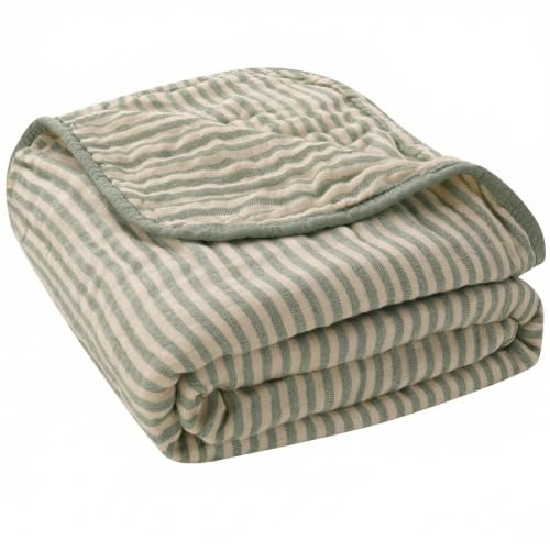 Image of Ultra Soft Muslin Baby Blanket - Made with Organic Cotton, Gender Neutral Sage Green Striped Jacquard, Swaddle & Crib Quilt, 43x43 Inches (Sage Green Stripes)