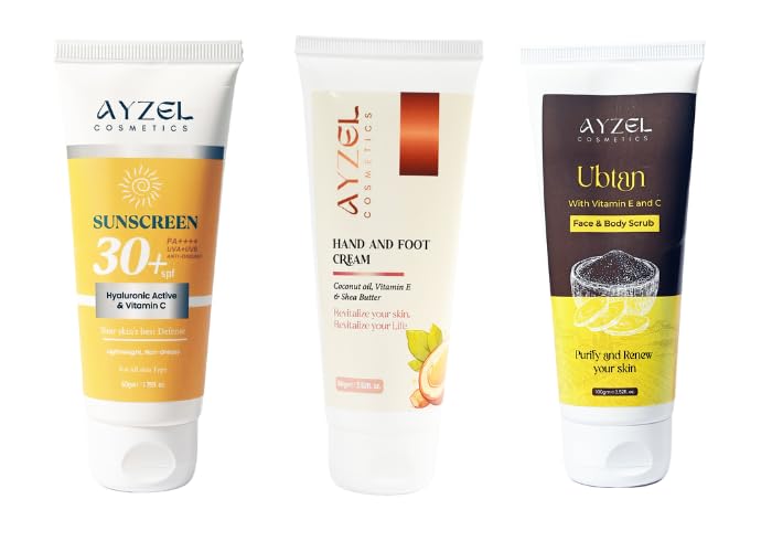 Image of Premium Skincare Kit |Sunscreen SPF 30+ (50g) , Hand and Foot cream (100g) & Face & Body Scrub (100g) Removes Dead Skin & Impurities | Brightening Skincare Daily Routine For Women & Men All Skin Types (Set of 3)