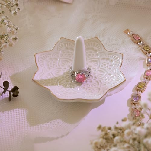 Image of Ceramic Mandala Ring Holder Dish, Decorative Jewelry Holder Trinket Tray Room Decor, Engagement Wedding Birthday Gifts for Women Girls (white)