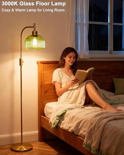 Image of Lightdot 64IN Glass Floor Lamp for Living Room, Dimmable Modern Standing Lamps with Emerald Green Ribbed Glass Lampshade&(Bulb Included), Industrial Floor Lamp for Bedroom Office /