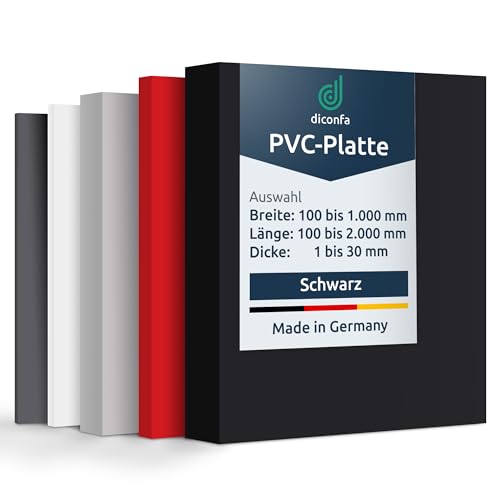 diconfa PVC Kunststoffplatte schwarz NACH MAß - 1 bis 30mm stark - Auswahl: 100 x 100mm (10 x 10cm), 5mm dick - hart seidenmatt - porenlos glatte Oberfläche - einseitig Schutzfolie