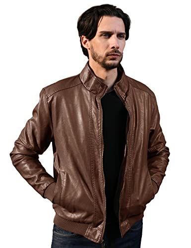 Wenven Men's Stand Collar Fleece Lined Bomber Faux Leather Jacket (Field, M) #TOP7