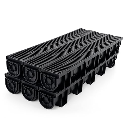 Trench Drain System with Plastic Grate, 6 Pack 5.9x5.1 Inch HDPE Channel Drain, Outdoor Trench Drainage for Driveway, Swiming Pool, Garden, Effortless Installation, Black by FAHKNS - Used condition - US$73.60