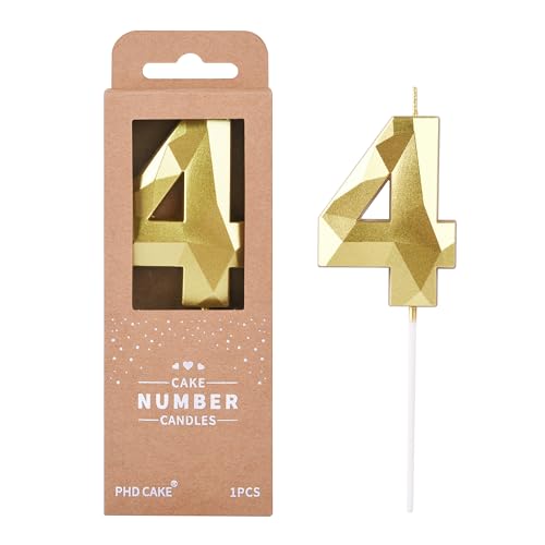PHD CAKE 2.76 Inch Crystal Gold 4 Number Birthday Candles, Gold Number Candles, Cake Number Candles, Party Celebration