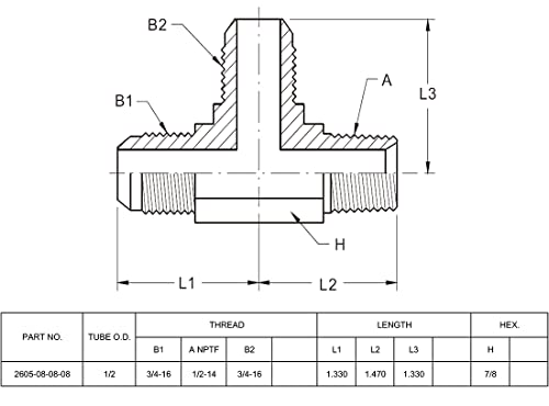 Image of (2-PACK) 2605-08-08-08 Hydraulic Adapter Fitting 1 /2 inch Male JIC 37(3 /4 inch-16 SAE) x 1 /2 inch Male (1 /2 inch-14 NPTF) x 1 /2 inch Male JIC 37(3 /4 inch-16 SAE) Street Tee Pipe Carbon Steel