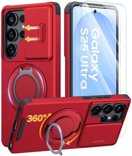 AOUIA für Samsung Galaxy S25 Ultra Hülle mit 2 Stück Panzerglas, Kameraschutz, Ringständer 360°, Militärstandard Stoßfest Handyhülle für Samsung S25 Ultra, Rot