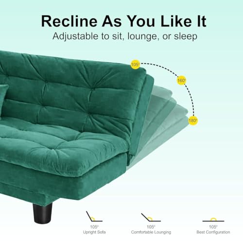 Image of Modern Three Seater Sofa Cum Bed with Cushions, Foldable Couch, Velvet Fabric Sleeper Sofa for Living Room, Guest Room, Green