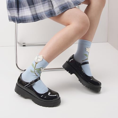 MarJunSep Cute Floral Crew Socks for Women Teen Girls Flower Cottagecore Frilly Vintage Fancy Cotton Socks