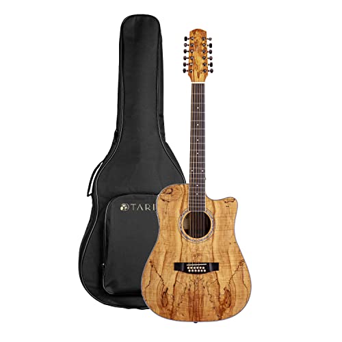 TARIO 12 Strings Acoustic Electric Cutaway Guitar Spalted maple Top Mahogany back & sides Okoume Neck