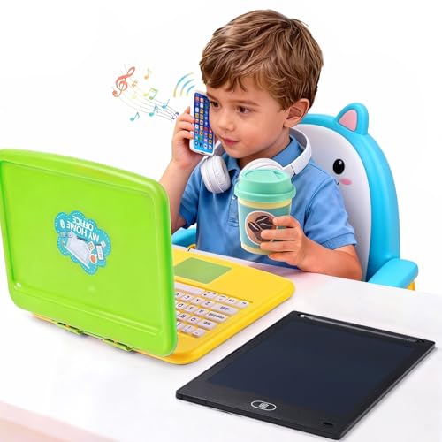 Kids Pretend Play Toys-Toddler Pretend Play Home Office Playset with Toy Laptop & Phone LCD Writing Tablet Headset & Toddlers Beverage Cup Birthday Gifts for Boys Girls Age 3-5-7