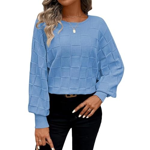 Pink Queen Women's Fall Sweaters 2024 Casual Long Batwing Sleeve Oversized Crewneck Pullover Winter Fashion Trendy Outfits Sky Blue Small