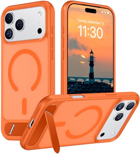 Image of Designed for iPhone 17 Pro Max Case, [Built-in Invisible Kickstand][Compatible with MagSafe][Military Grade Shockproof] Slim Translucent Matte Phone Case 6.9 inch (Orange)