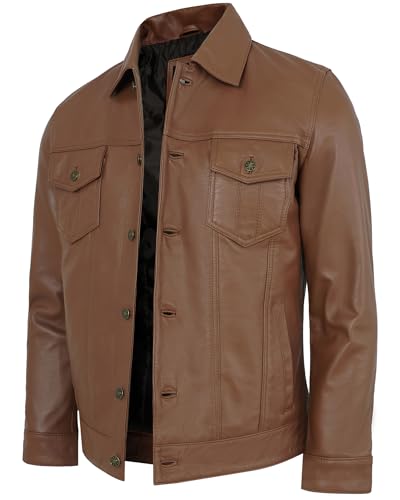 Image of Mens Leather Jackets - Real Lambskin Trucker Style Vintage Leather Jacket Men