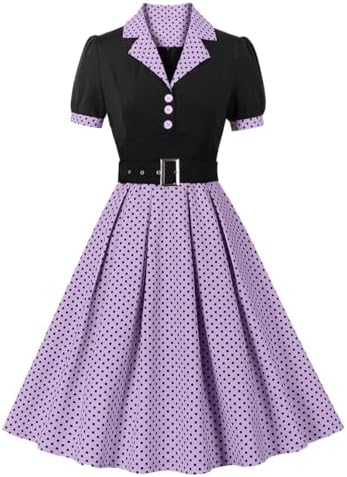 Vestido Rockabilly Años 50 para Mujer – Manga Corta, Lunares, Estilo Retro con Cinturón y Detalles en Morado