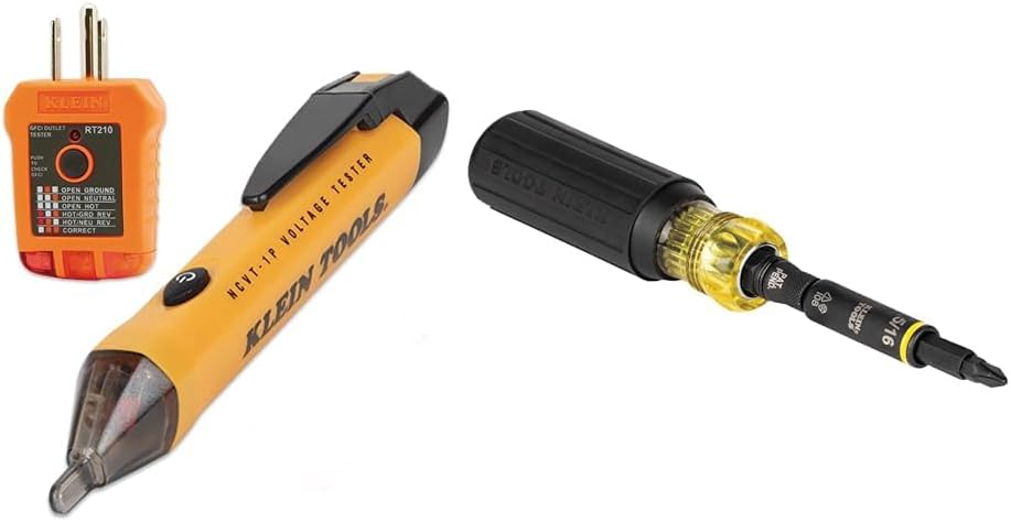 Klein Tools 80025 Outlet Tester Kit with GFCI Tester and Non-Contact Voltage Tester, 2-Piece, Red & 32500HD Multi-Bit Screwdriver/Nut Driver, Impact Rated 11-in-1 Tool with Phillips