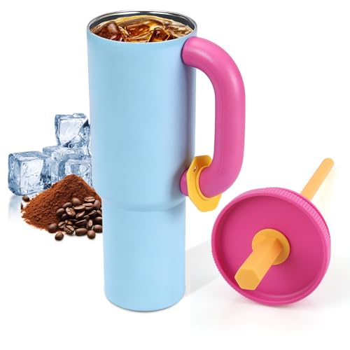 ZoneYan 40oz (1.18 Litros) Vaso Acero Inoxidable, con Asa y Pajita Vaso Isotérmico, Taza Térmica Grancapacidad, Taza para Café Portátil, Termo para Viajes, Taza para Camping, Vaso para Exteriores (C)