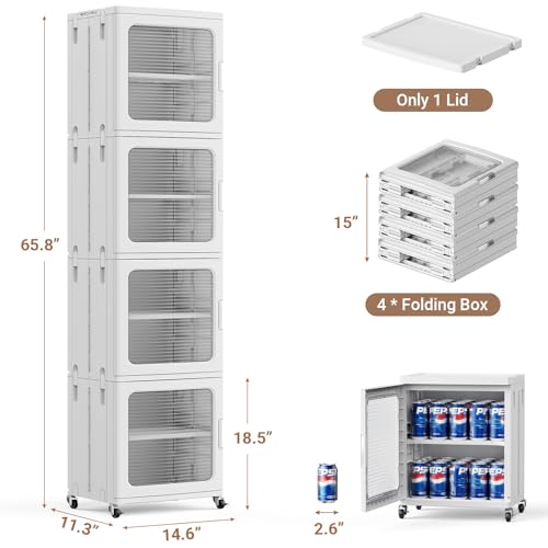 Image of BROVIEW 4-Tier Tall Narrow Storage Cabinet 14.6 inch Wide, Slim Bathroom Cabinets with Adjustable Shelves and Doors, Plastic Kitchen Pantry Organizers and Storages for Small Space, Laundry, White