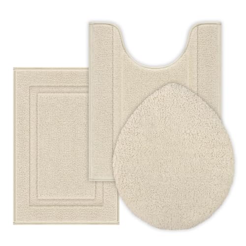 SHACOS Microfiber Bathroom Rugs Set of 3 with Toilet Lid Cover Non Slip Washable Bath Mat Absorbent Bathroom Carpet 16x24+U Shape Toilet Rug 20x24+Toilet Lid Cover 19x21 Light Beige