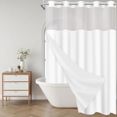 AXURXUI No Hook Shower Curtain with Snap in Liner and Sheer Window, Chevron Striped Hotel Luxury...