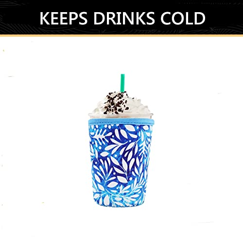 Image of YR Reusable Neoprene Insulator Sleeve for Iced Coffee Cups, 3 Pack Coffee Coolies sleeves for Iced & Hot Drinks, Cold Beverage Cooler Compatible with Starbucks Coffee and More (Blue Leaves)
