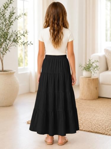 Image of Girls Tiered Maxi Skirt Boho Flowy Peasant Long Skirt for Kid 7-14