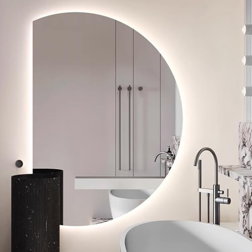 Half Circle LED Bathroom Mirror with Touch Switch, Defogging & Adjustable Brightness, Tri-Color Backlit, 35"-51" Right Semicircle, 60x90cm - Modern Vanity Decor