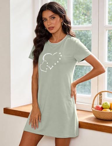 Leversic Damska koszula nocna z krótkim rękawem, krótka, miękka sukienka do spania z delikatnym motywem serca, wygodna, lekka, na lato, bielizna nocna, czas wolny, S-XXL, zielony (Mintgrün), XXL