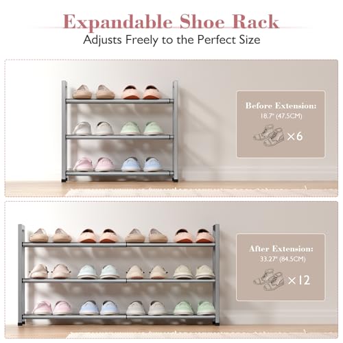 Image of Bumusty 3-Tier Expandable Shoe Rack for Closet, 18 inch-33 inch Adjustable Shoe Rack for Small Space, Small Shoe Organizer for Front Door, Sturdy Metal, Light Grey
