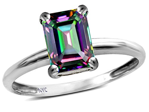 Star K Classic Octagon Emerald Cut 8X6Mm Rainbow Mystic Topaz Solitaire Engagement Promise Ring 10K White Gold Size 7 #TOP28