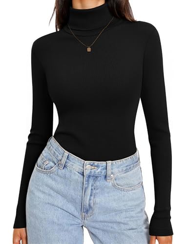 Totatuit Camiseta Térmica Mujer Cuello Alto Manga Larga Ajustada Cómoda Casual para Trabajo y Ocio Negro，S