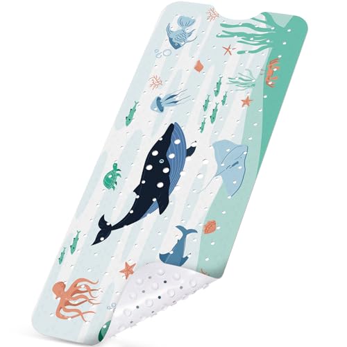 NiBaby Non-Slip Baby Bath Mat with Powerful Suction Cups 102x41cm Large Size Quick Drain for Children & Elderly Safety in Showers and Tubs Machine Washable Durable PVC Comfortable & Safe (Whale)