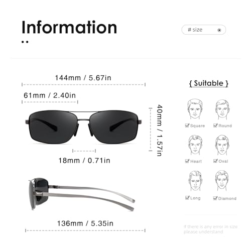 kimorn Polarized Aviator Sunglasses for Men Lightweight Rectangular Metal Frame Sun Glasses UV400 Protection AE17842