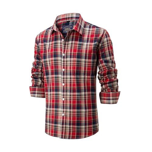 Lonvera1840 Men’s 100% Cotton Plaid Shirt, Long Sleeve Regular Fit with Pocket, Classic Tartan Check, Smart Casual Shirt for Work & Weekend, S–4XL (Red)