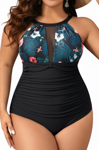 Aqua Eve Plus Size Women One Piece Swimsuit Tummy Control Bathing Suit High Neck Swimwear Black Floral 22W