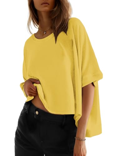 Cuptacc Oversize Shirt Damen Halbarm Rundhalsausschnitt Top Sommer Crop Atmungsaktiv Oberteile Freizeit Gelb XXXL