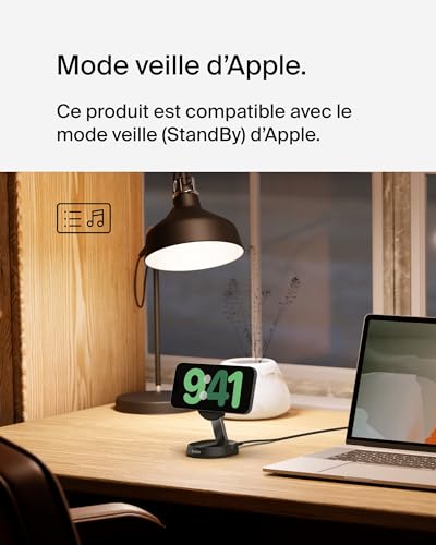 Belkin BoostCharge Pro chargeur sans fil magnétique et pliable, chargeur Qi2 15W, support de recharge Qi2, chargeur induction compatible MagSafe, pour Apple iPhone 16/15/14, AirPods Pro - Noir
