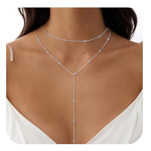 Drop Lariat Chain for Women, Dainty Layered Long Gold/Silver Necklaces Trendy Tassel Beaded Y Shaped Necklace Teardrop Jewelry Gifts for Ladies Mother Wife2