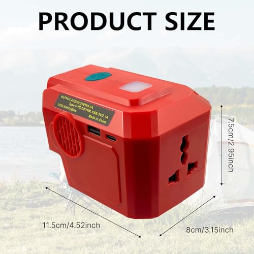 Akku Wechselrichter für Einhell 18V Akkus, 200W 18V DC auf 220V AC Reiner Sinus Akku Konverter Adapter mit USB-C 200LM LED Lampe und 230V Steckdosen Power Inverter für Camping