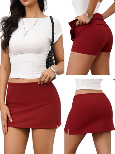 Danysu Women's Skirts Sexy Mini Skirt Skort Summer Going Out Outfit for Women Slit Stretch Bodycon Short Skirt Ruby Red Small3